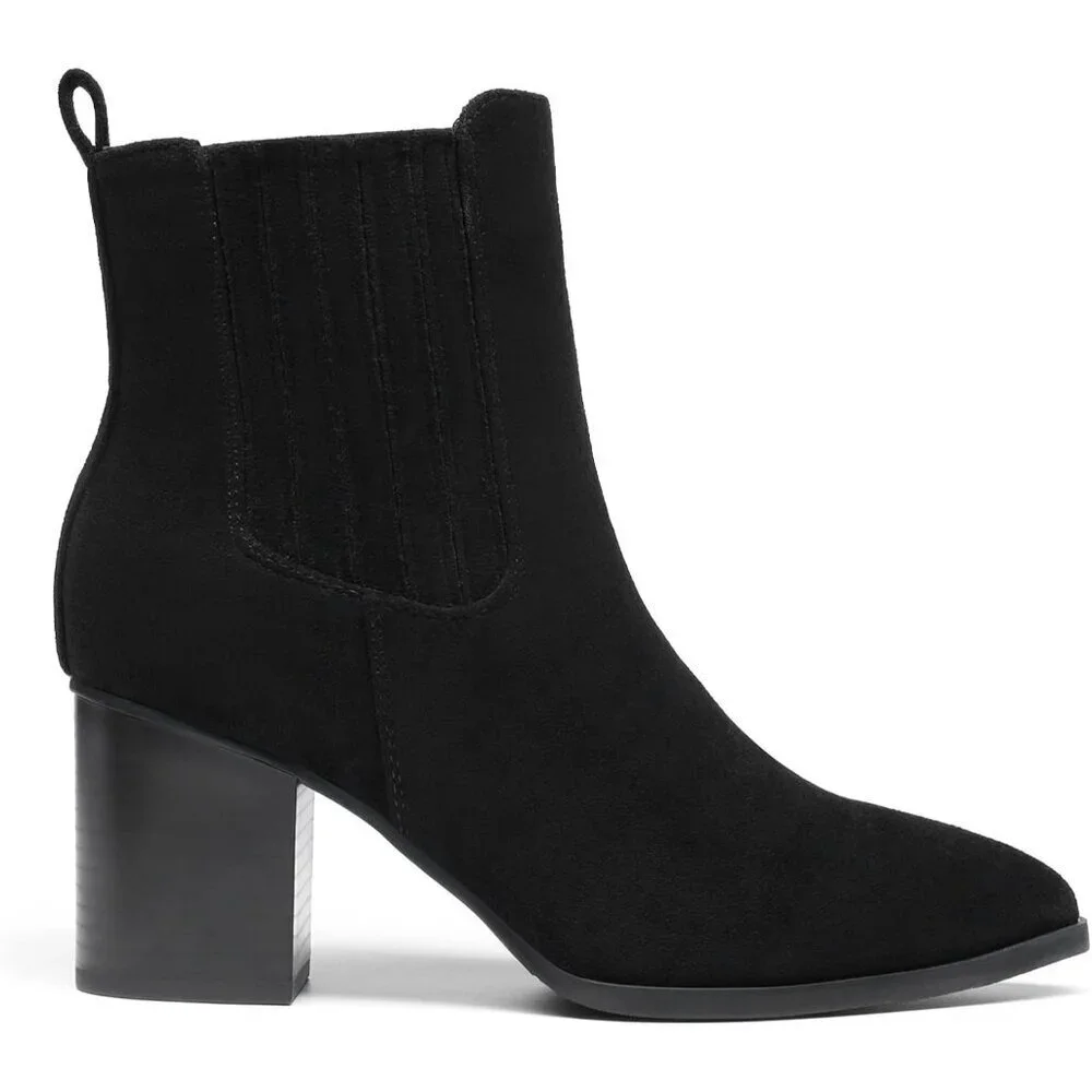 Women's Black-suede Pointed Toe Ankle Boots Chunky Block Heel Bootie Fall